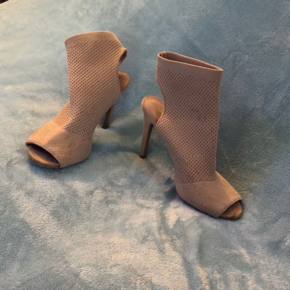 Tan Peep-Toe High Heels with Textured Fabric